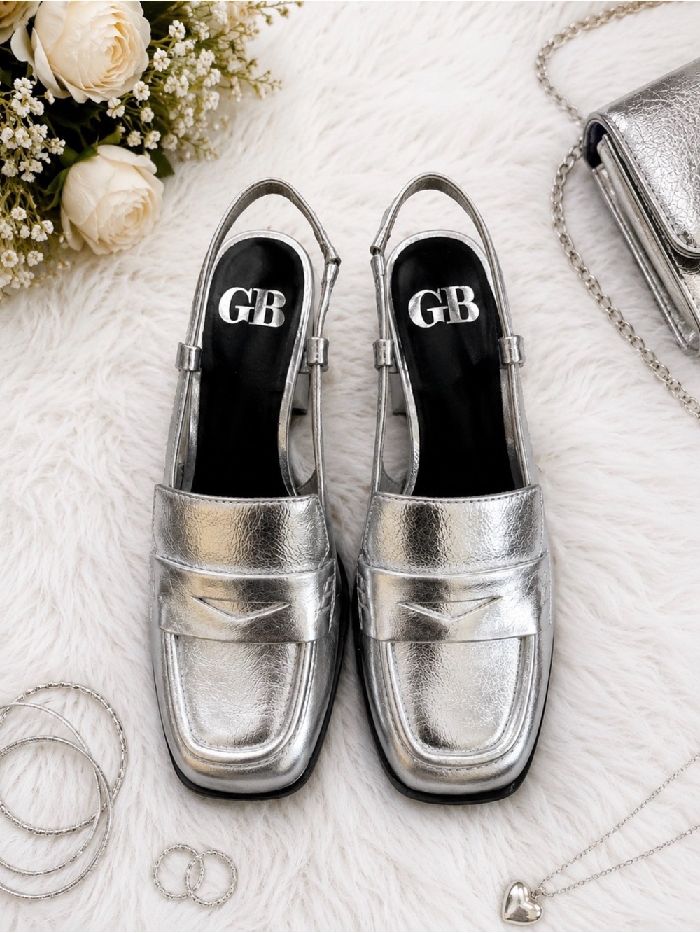 Gianni Bini Metallic Silver Slingback Loafer Heels